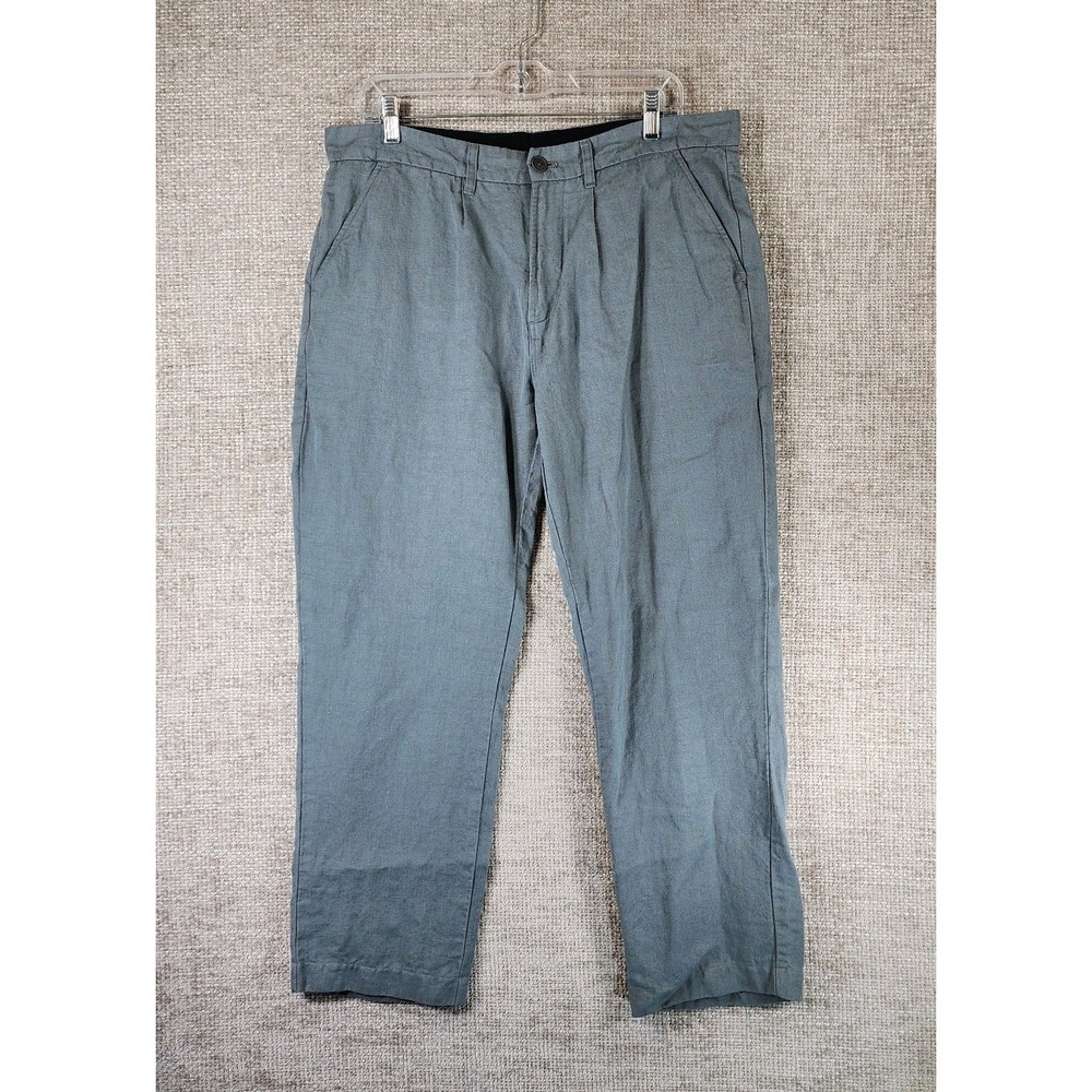 Far Afield UK 100% Heavy Linen Pants Mens Size 3/L Green Blue Pleated Zip 35x28